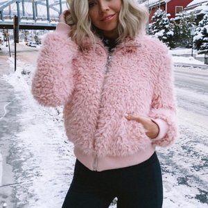 Faux fur pocketed bomber jacket